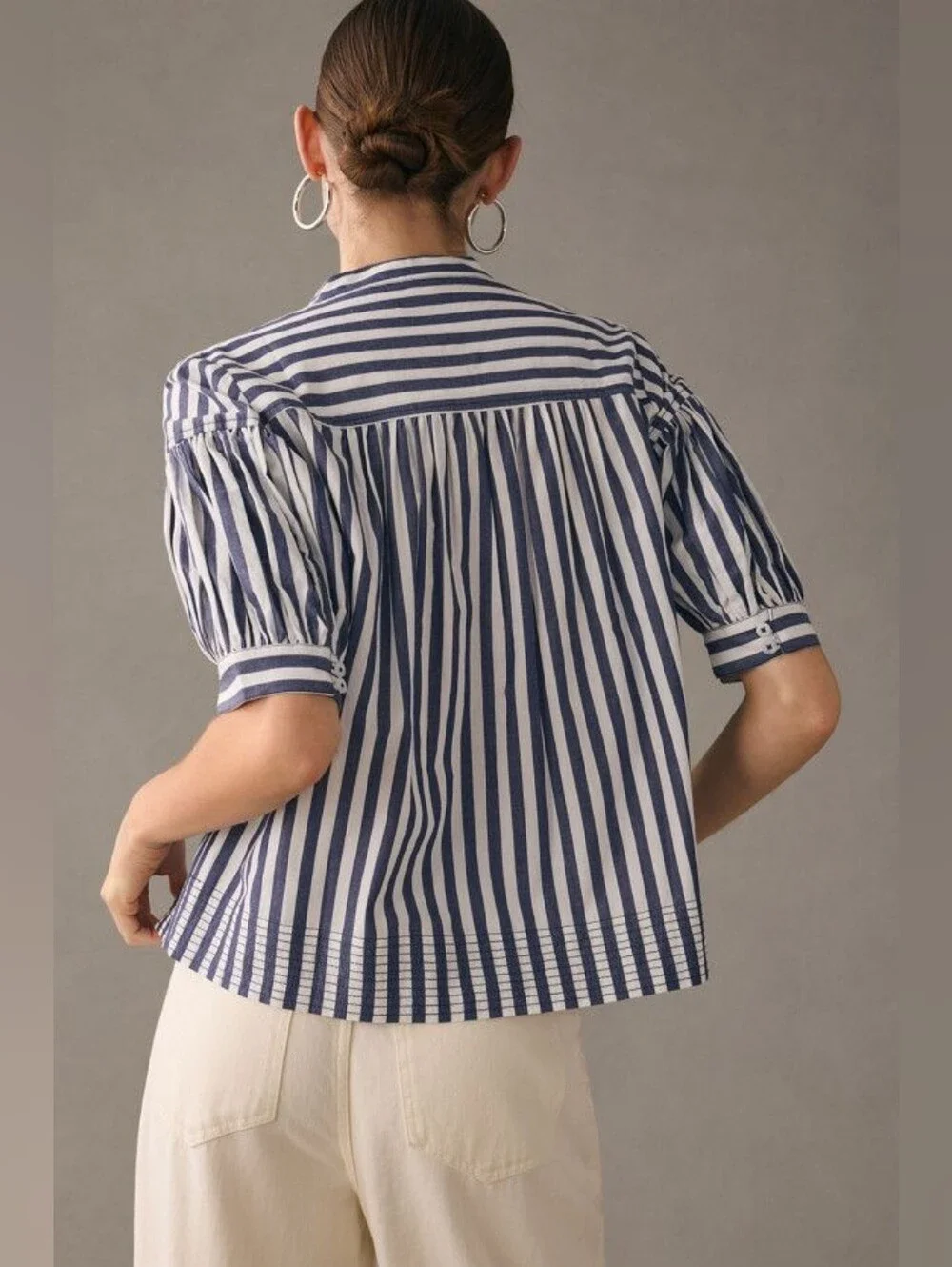 Anthropologie 100% Cotton Navy and White Striped Puff-Sleeve Blouse Size 1X